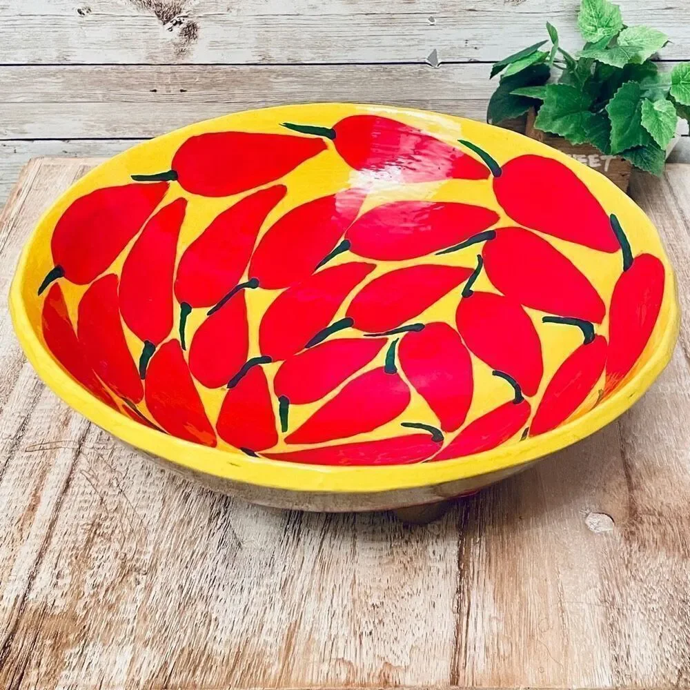 NWT Mexican Pottery Art 9.5” Hand Painted Footed Yellow Chili Pepper Salsa Bowl